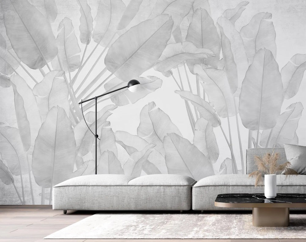 Gray Banana Leaves Wallpaper, Tropical Removable Mural