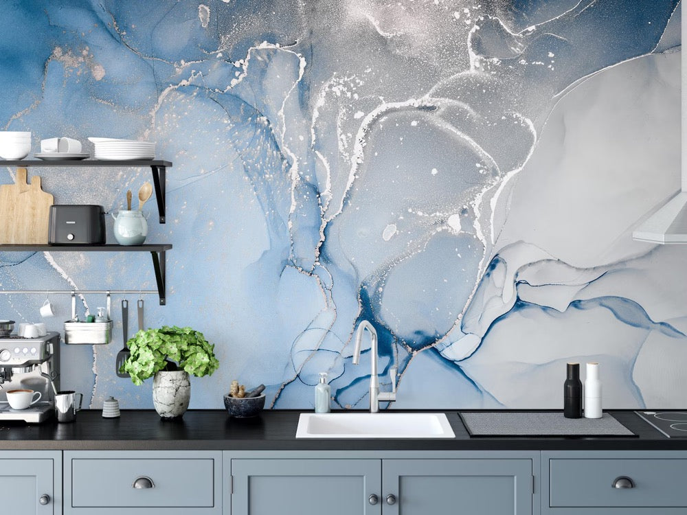 Blue Gray Marble Wallpaper Mural, Abstract Peel and Stick