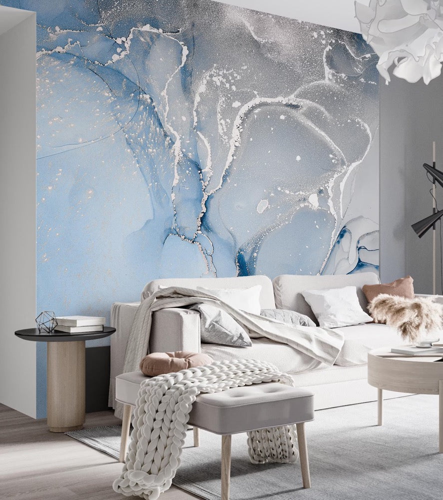 Blue Gray Marble Wallpaper Mural, Abstract Peel and Stick