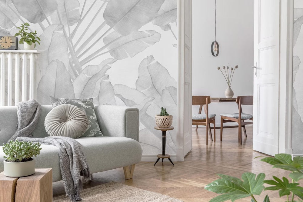 Gray Banana Leaves Wallpaper, Tropical Removable Mural