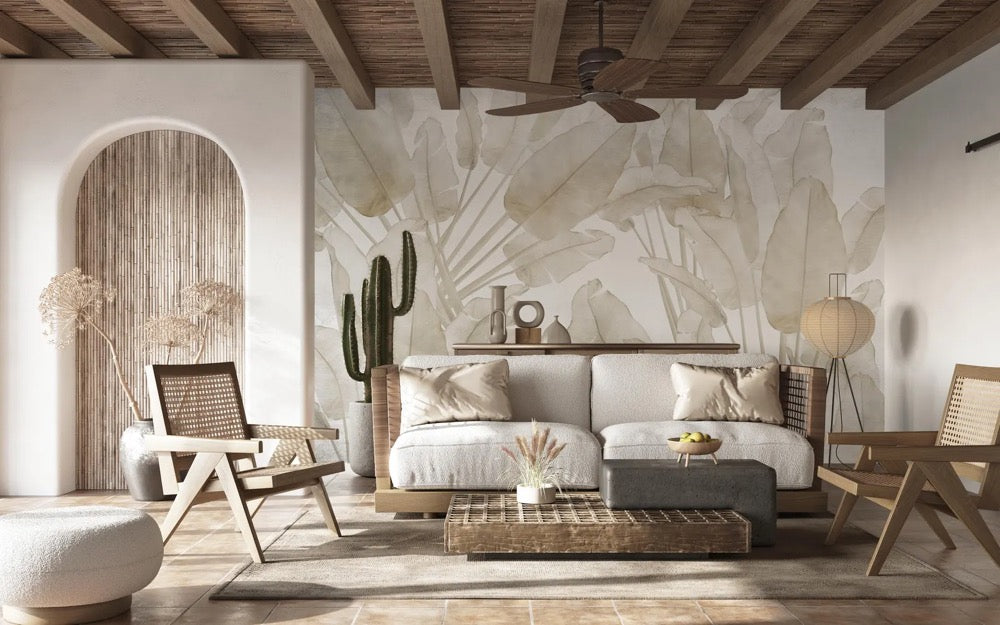 Beige Banana Leaves Wallpaper Mural, Tropical Wall Print