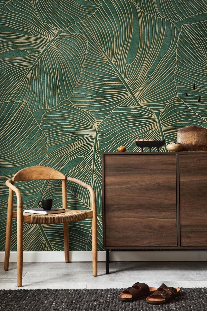 Emerald Green Tropical Leaf Wallpaper | Luxury Palm Mural (Peel and Stick or Traditional)