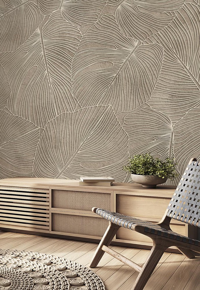 Beige Leaf Wallpaper, Modern Botanical Wall Decor, Peel and Stick