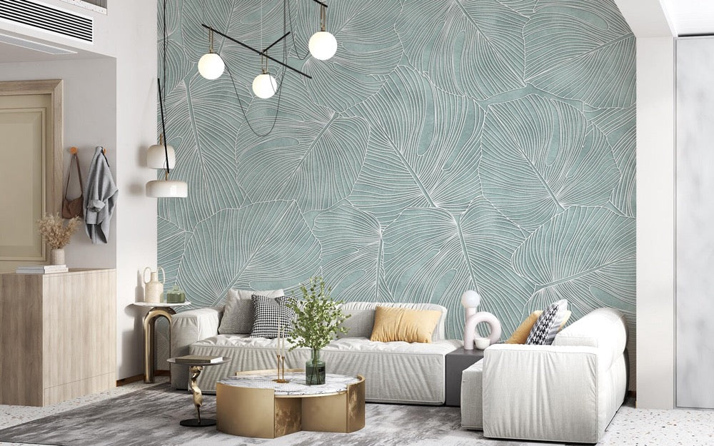 Textured Leaf Wallpaper, Sage Green Botanical Palm Mural
