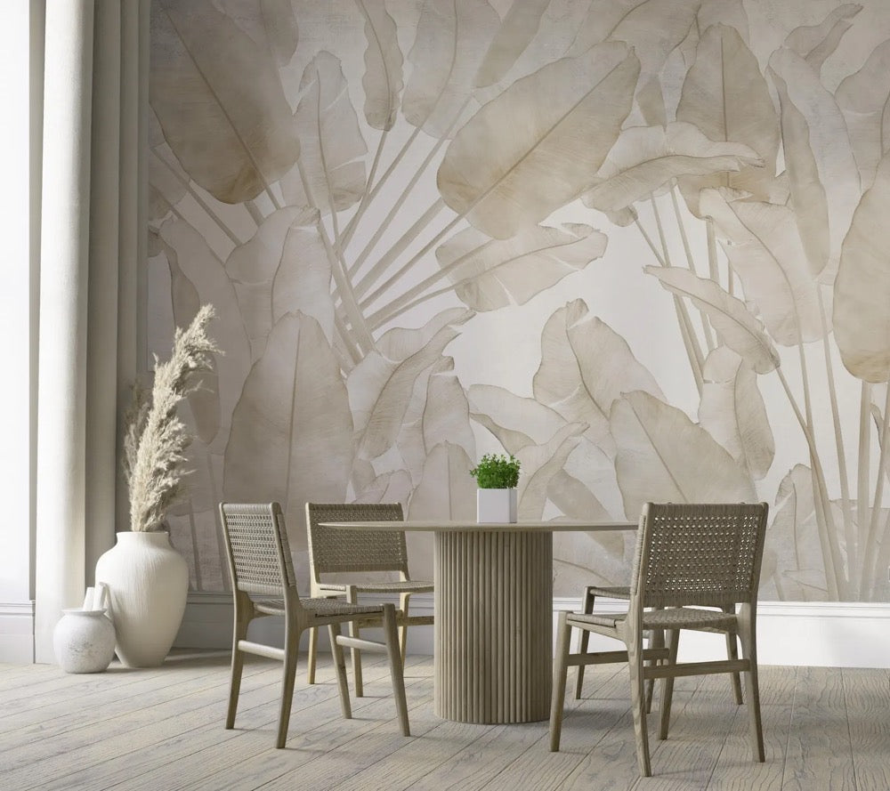 Beige Banana Leaves Wallpaper Mural, Tropical Wall Print