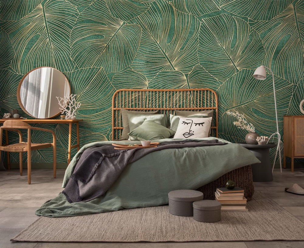 Emerald Green Tropical Leaf Wallpaper | Luxury Palm Mural (Peel and Stick or Traditional)