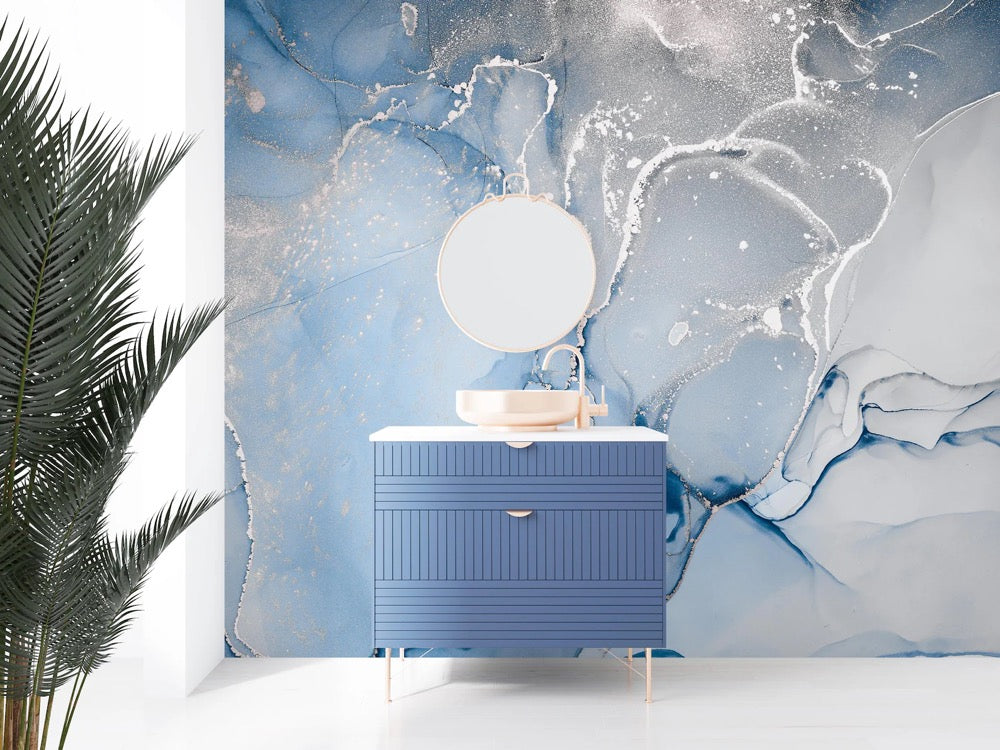 Blue Gray Marble Wallpaper Mural, Abstract Peel and Stick