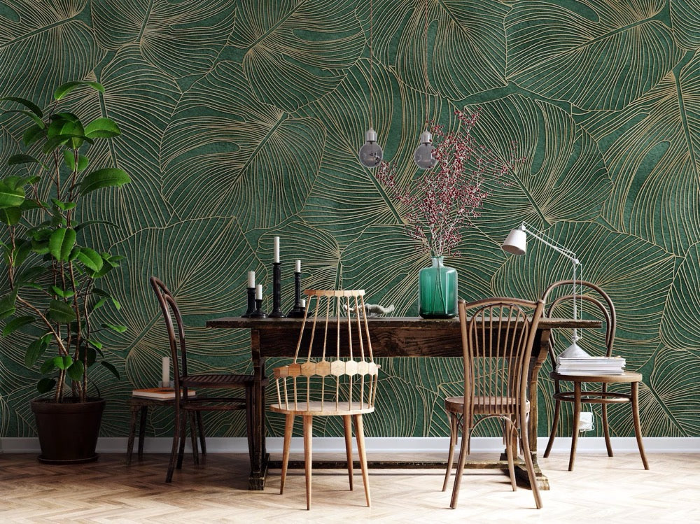 Emerald Green Tropical Leaf Wallpaper | Luxury Palm Mural (Peel and Stick or Traditional)