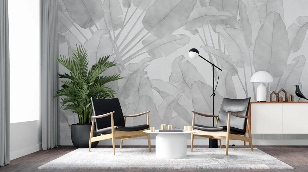Gray Banana Leaves Wallpaper, Tropical Removable Mural