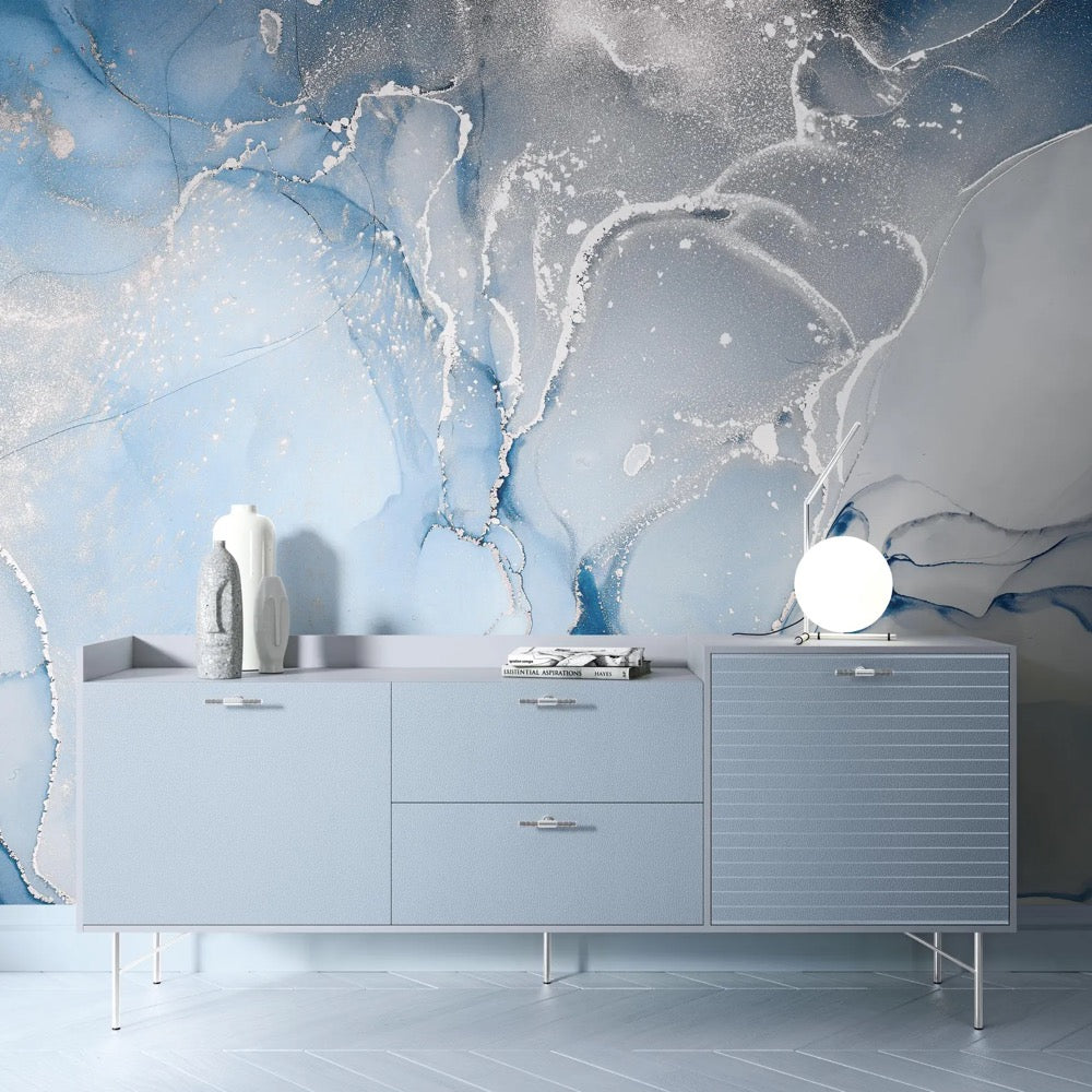 Blue Gray Marble Wallpaper Mural, Abstract Peel and Stick