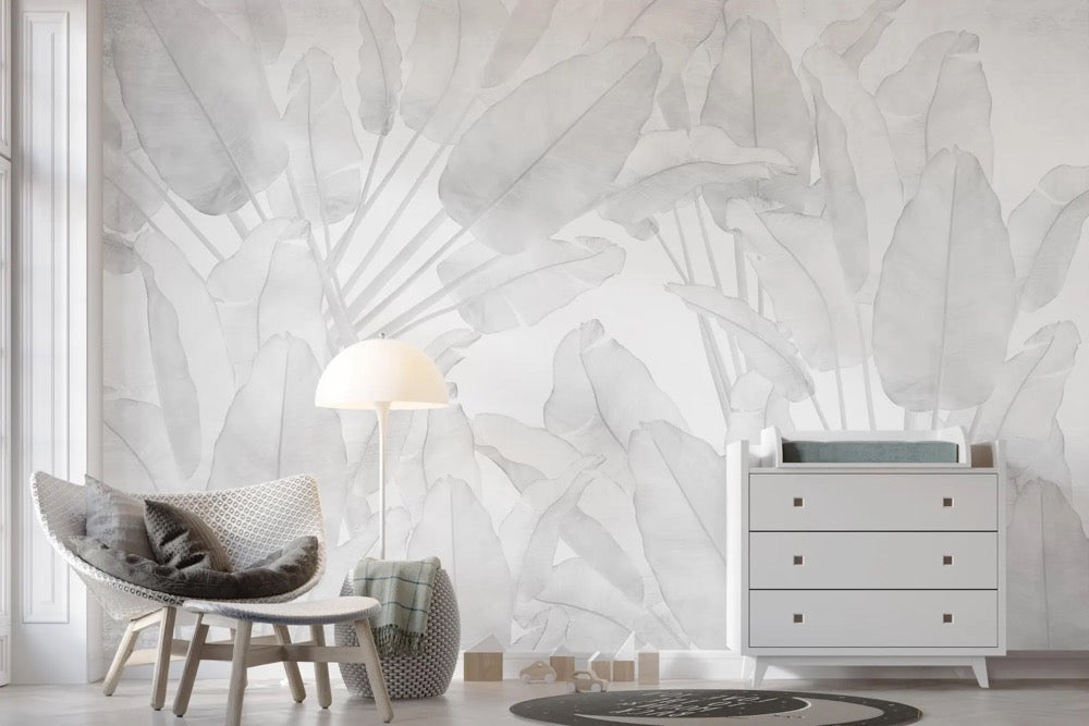 Gray Banana Leaves Wallpaper, Tropical Removable Mural