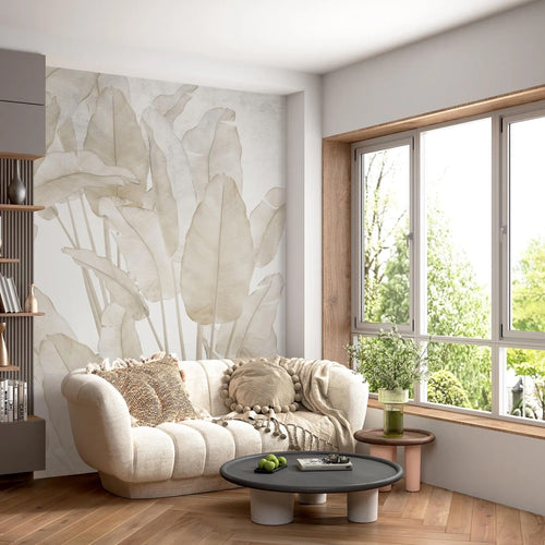 Beige Banana Leaves Wallpaper Mural, Tropical Wall Print