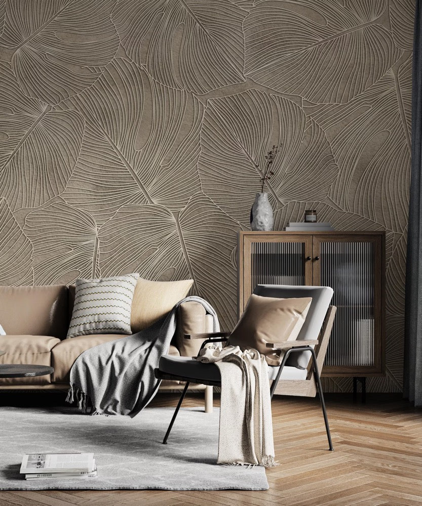 Beige Leaf Wallpaper, Modern Botanical Wall Decor, Peel and Stick