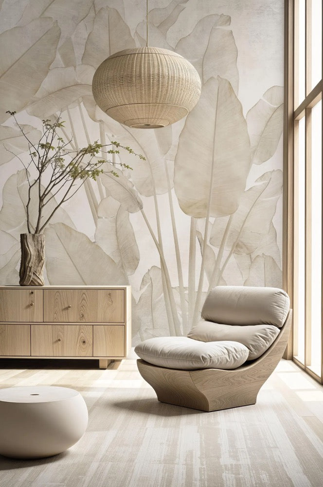 Beige Banana Leaves Wallpaper Mural, Tropical Wall Print