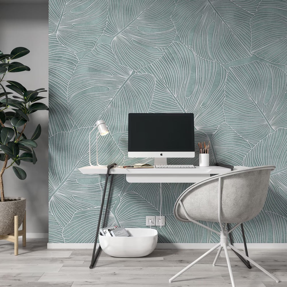 Textured Leaf Wallpaper, Sage Green Botanical Palm Mural