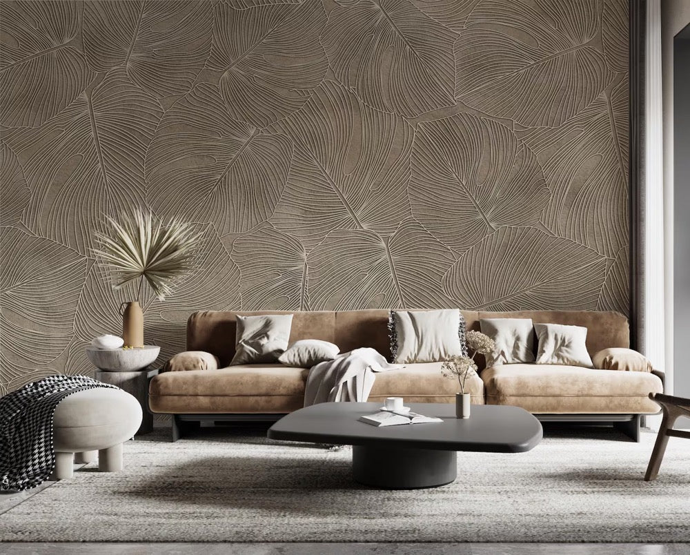Beige Leaf Wallpaper, Modern Botanical Wall Decor, Peel and Stick
