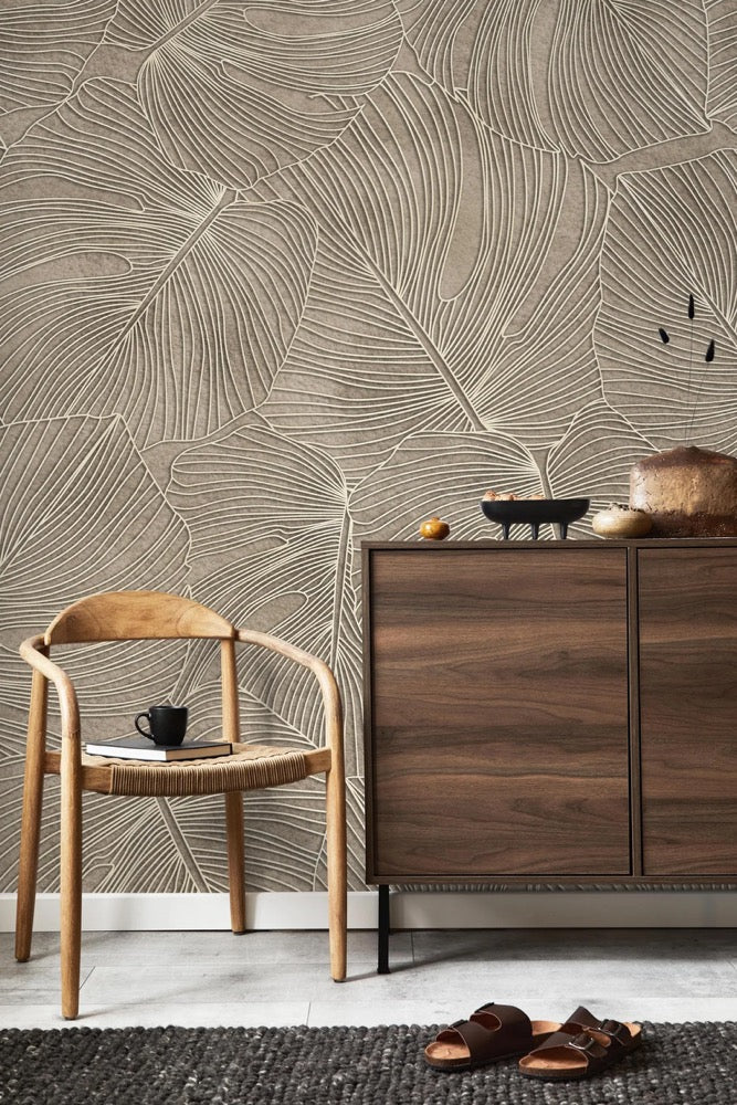 Beige Leaf Wallpaper, Modern Botanical Wall Decor, Peel and Stick