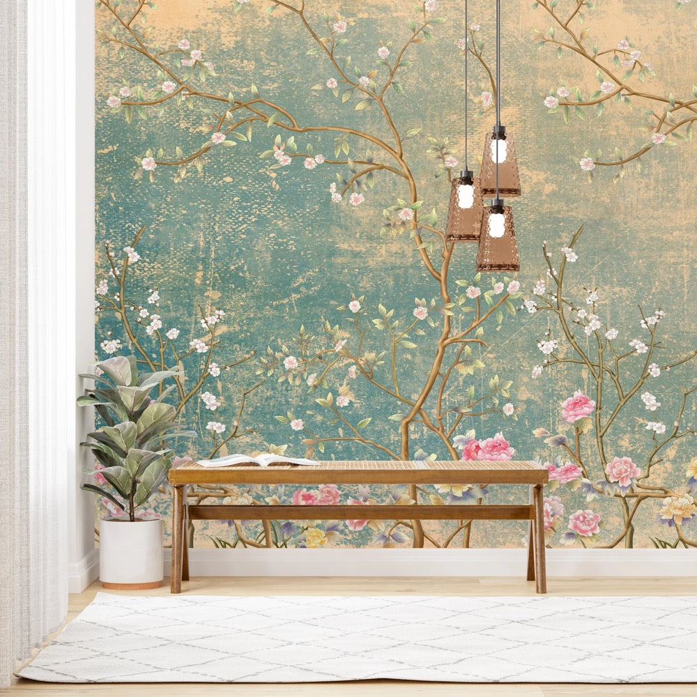 Floral Tree Chinoiserie Wallpaper, Peel and Stick Wall Decal