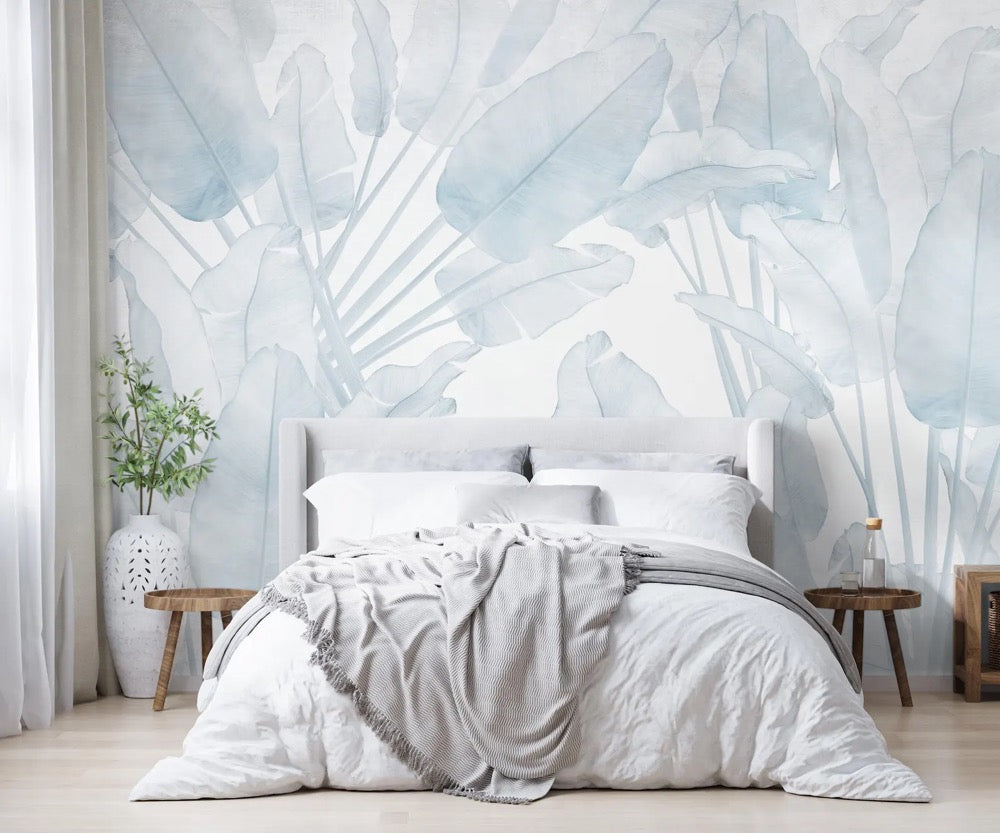 Beige Banana Leaves Wallpaper Mural, Tropical Wall Print