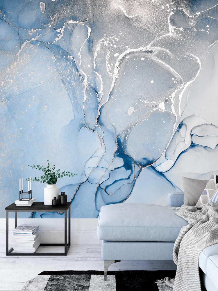 Blue Gray Marble Wallpaper Mural, Abstract Peel and Stick