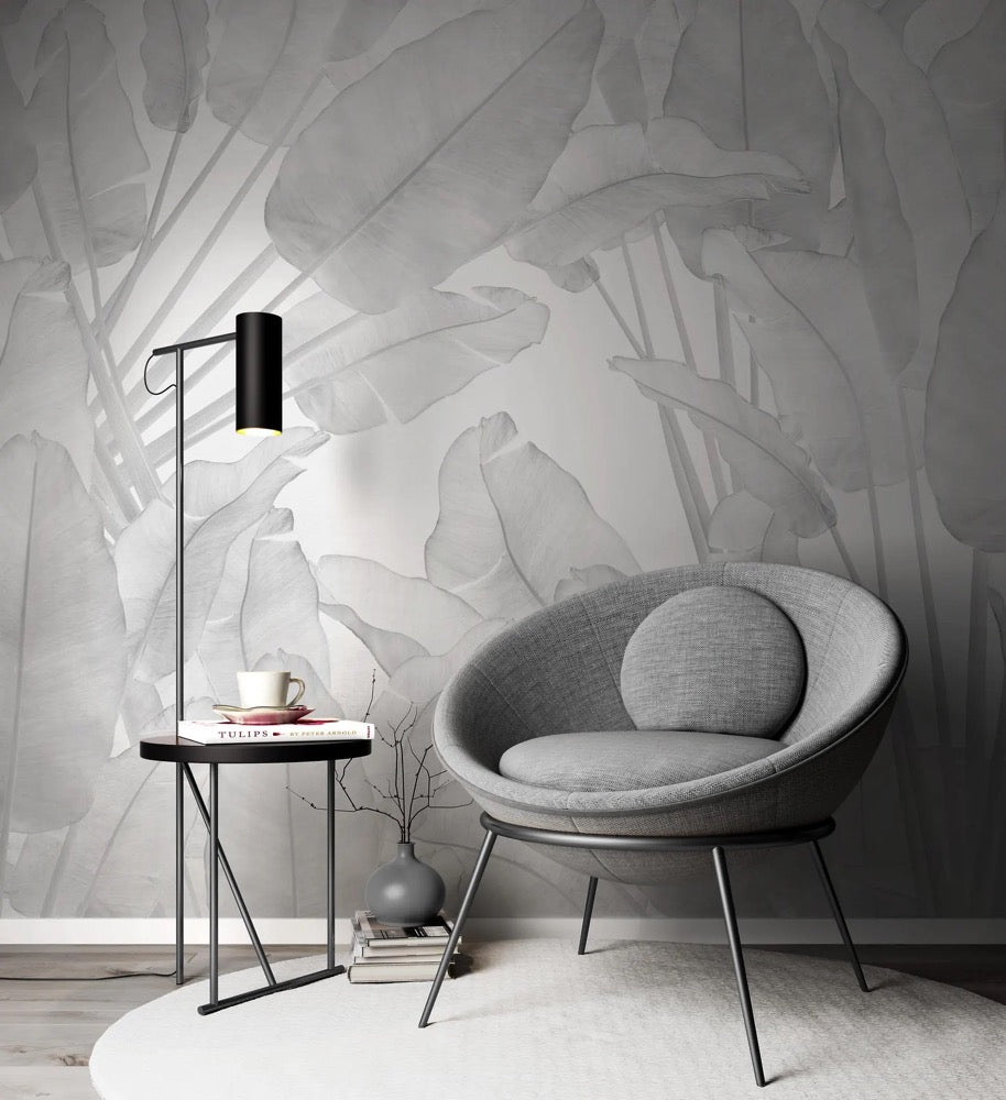 Gray Banana Leaves Wallpaper, Tropical Removable Mural