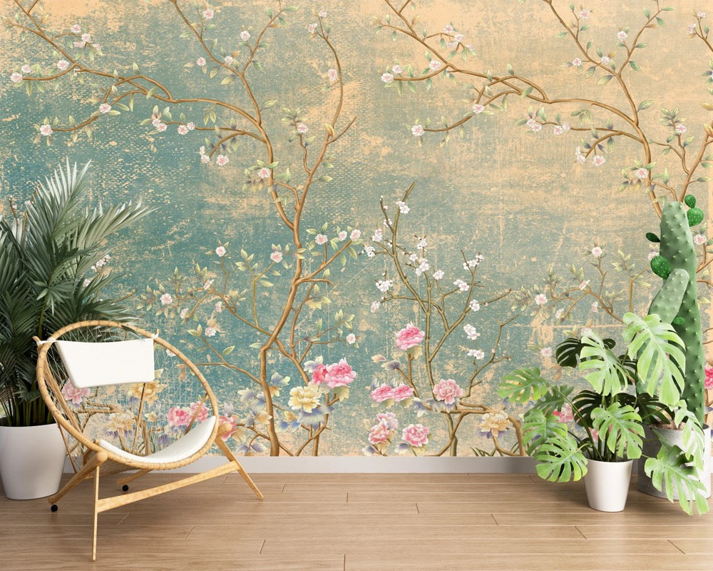 Floral Tree Chinoiserie Wallpaper, Peel and Stick Wall Decal
