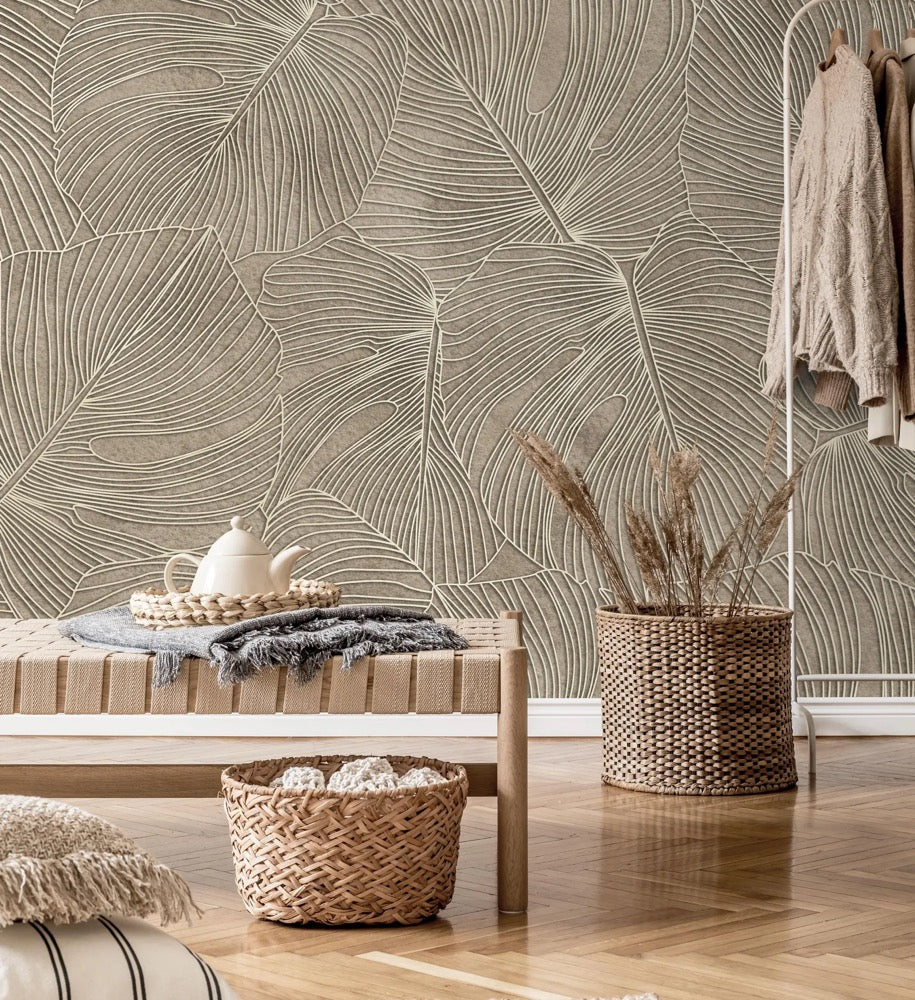 Beige Leaf Wallpaper, Modern Botanical Wall Decor, Peel and Stick