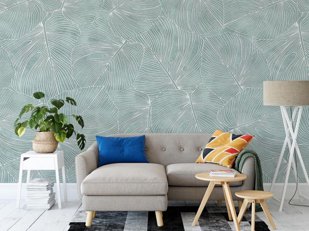 Textured Leaf Wallpaper, Sage Green Botanical Palm Mural